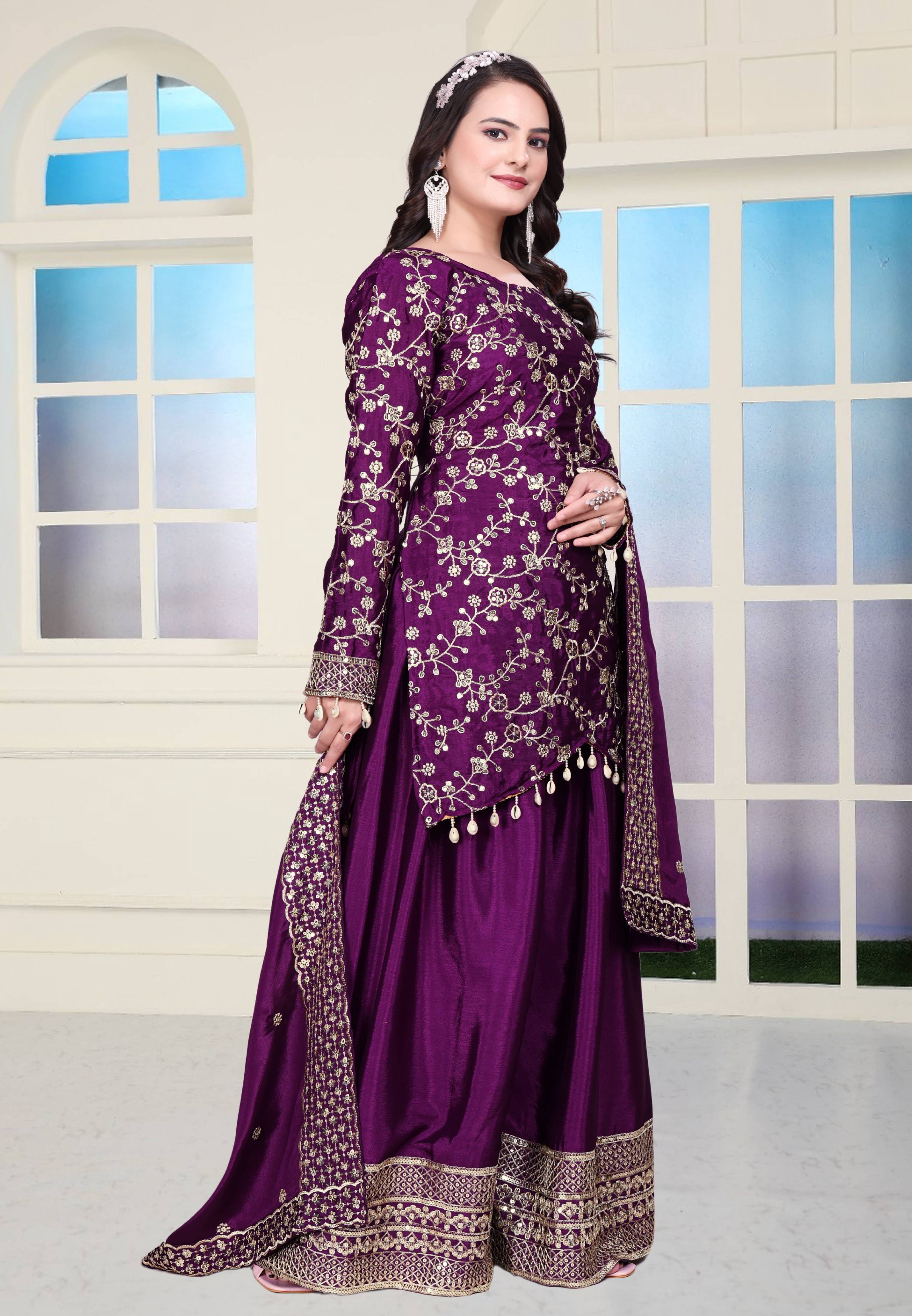 Lehenga Mart Designer Chinon Sharara Suit With Sequence Embroidered Work - Purple