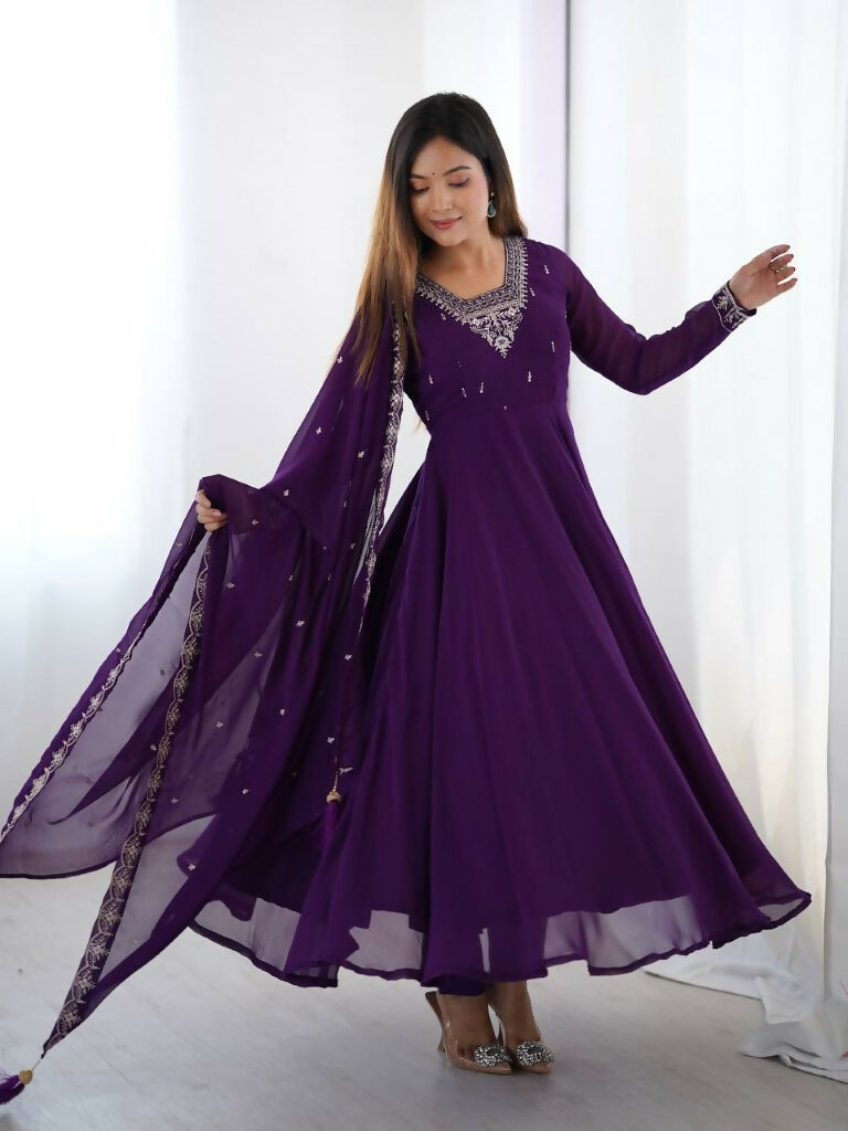 Teeya Creation Purple Color Pure Soft Georgette Embroidery Work Gown