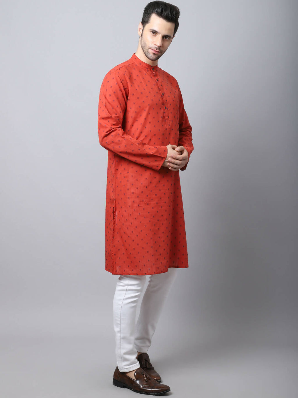 Even Apparels Red Pure Cotton Men's Kurta With Band Collar (CHK1167)