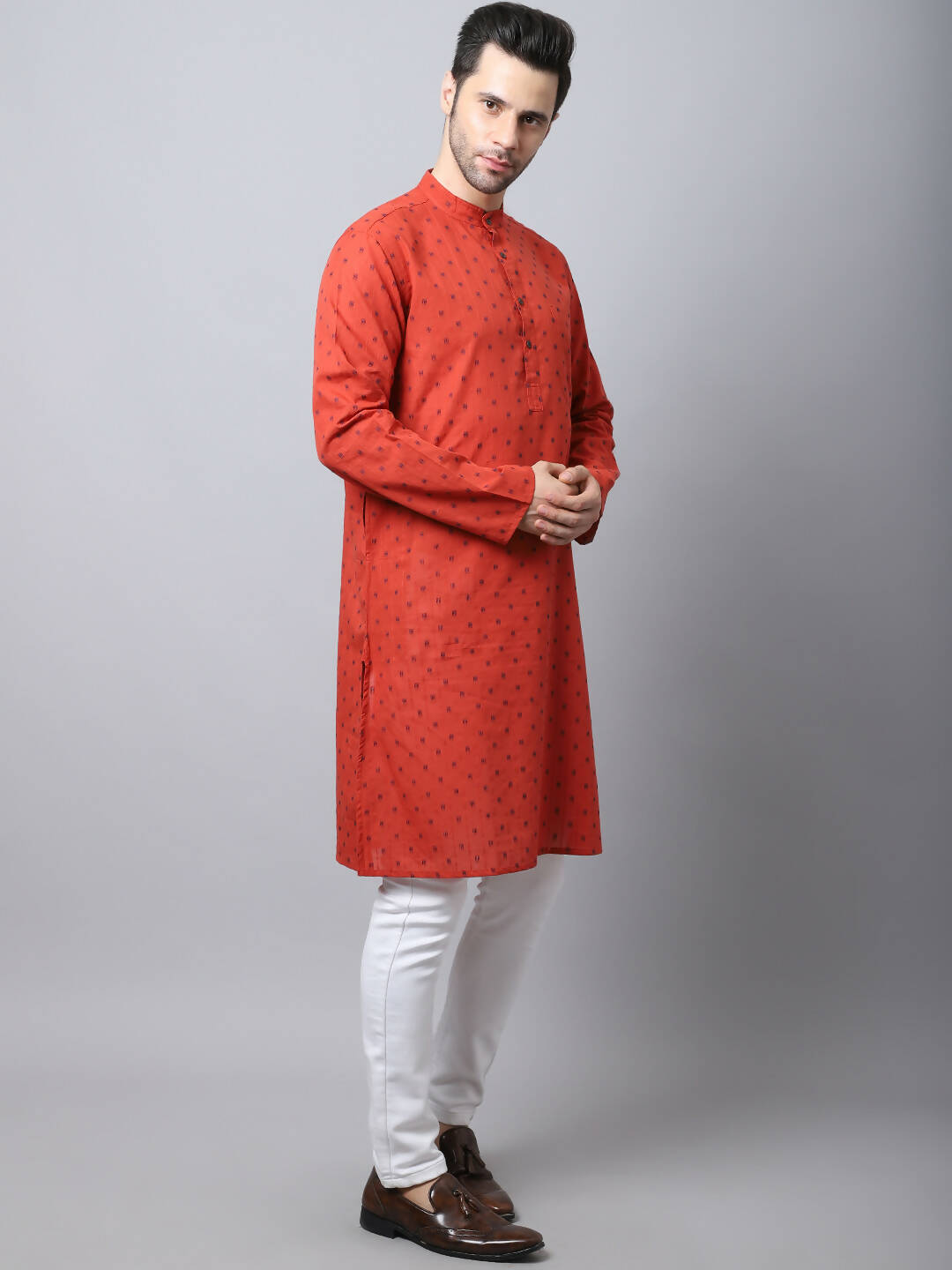 Even Apparels Red Pure Cotton Men's Kurta With Band Collar (CHK1167)