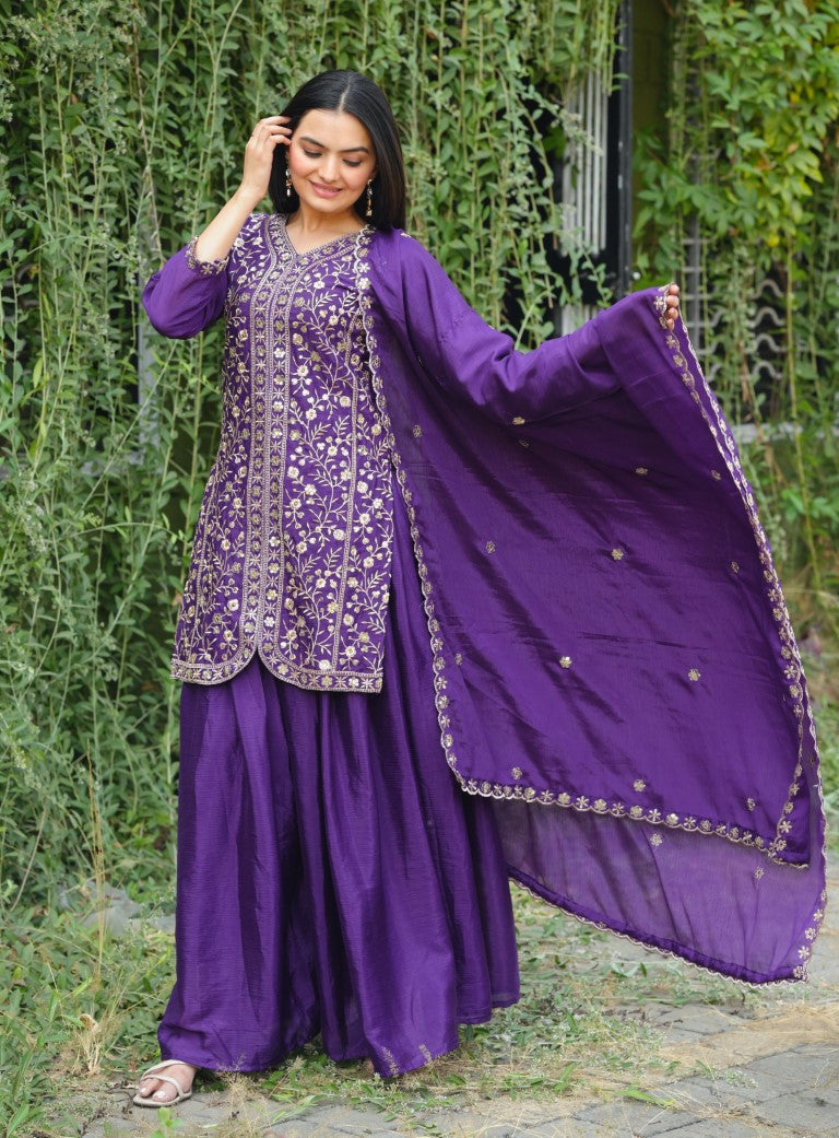 Lehenga Mart Designer Chinon Sharara Suit With Sequence Embroidered Work - Blue