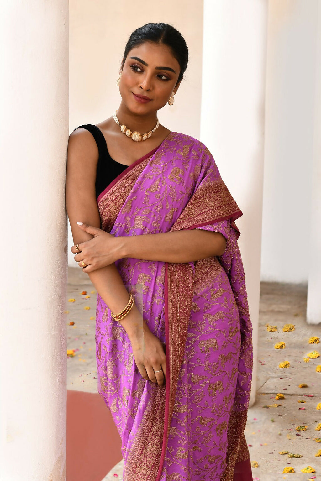 Joban Fashion Hot Pink Crepe Chiffon Pure Handloom Banarasi Silk Saree