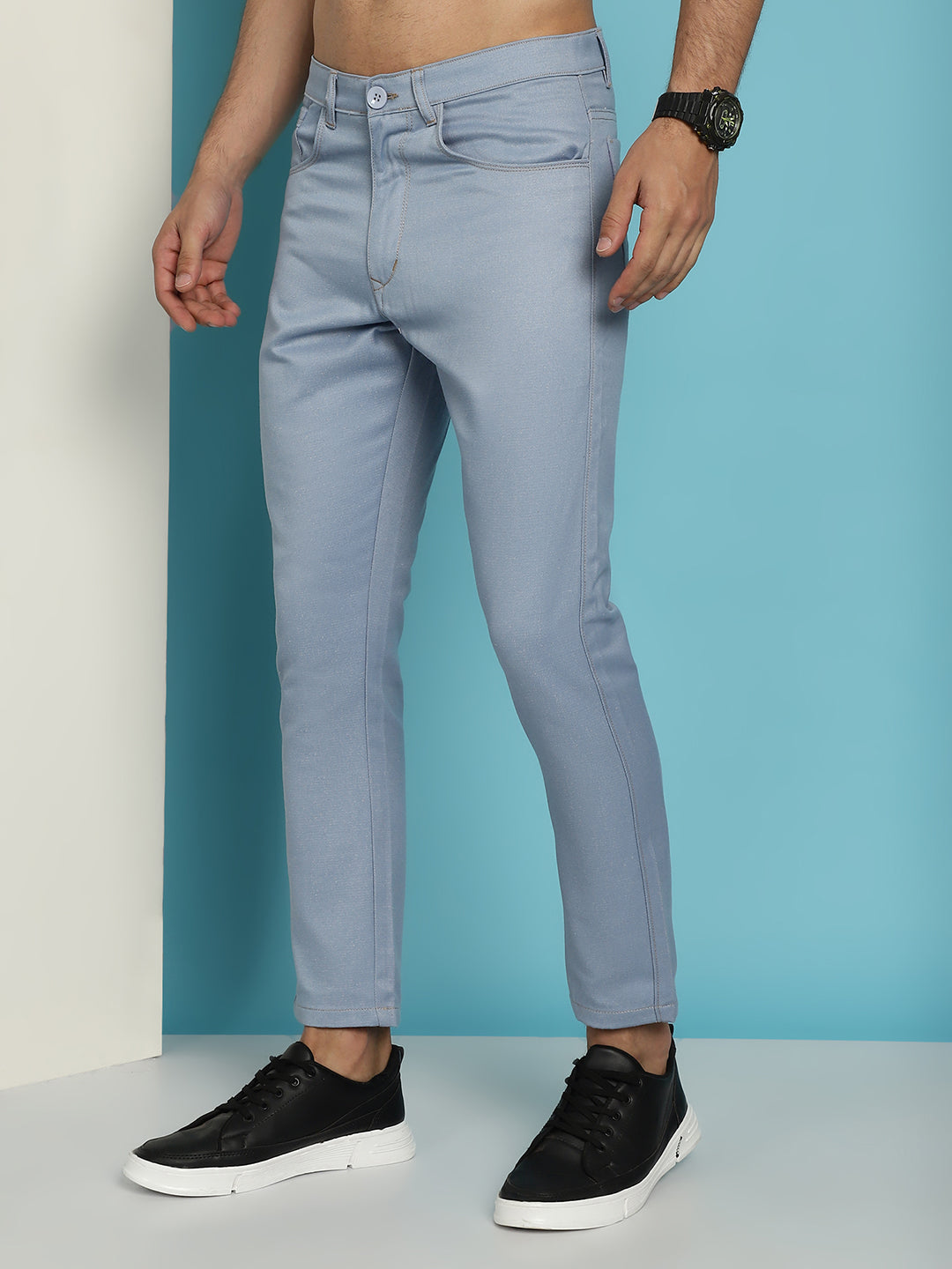 Indian Needle Men's Blue Solid Cotton Casual Trouser - Blue