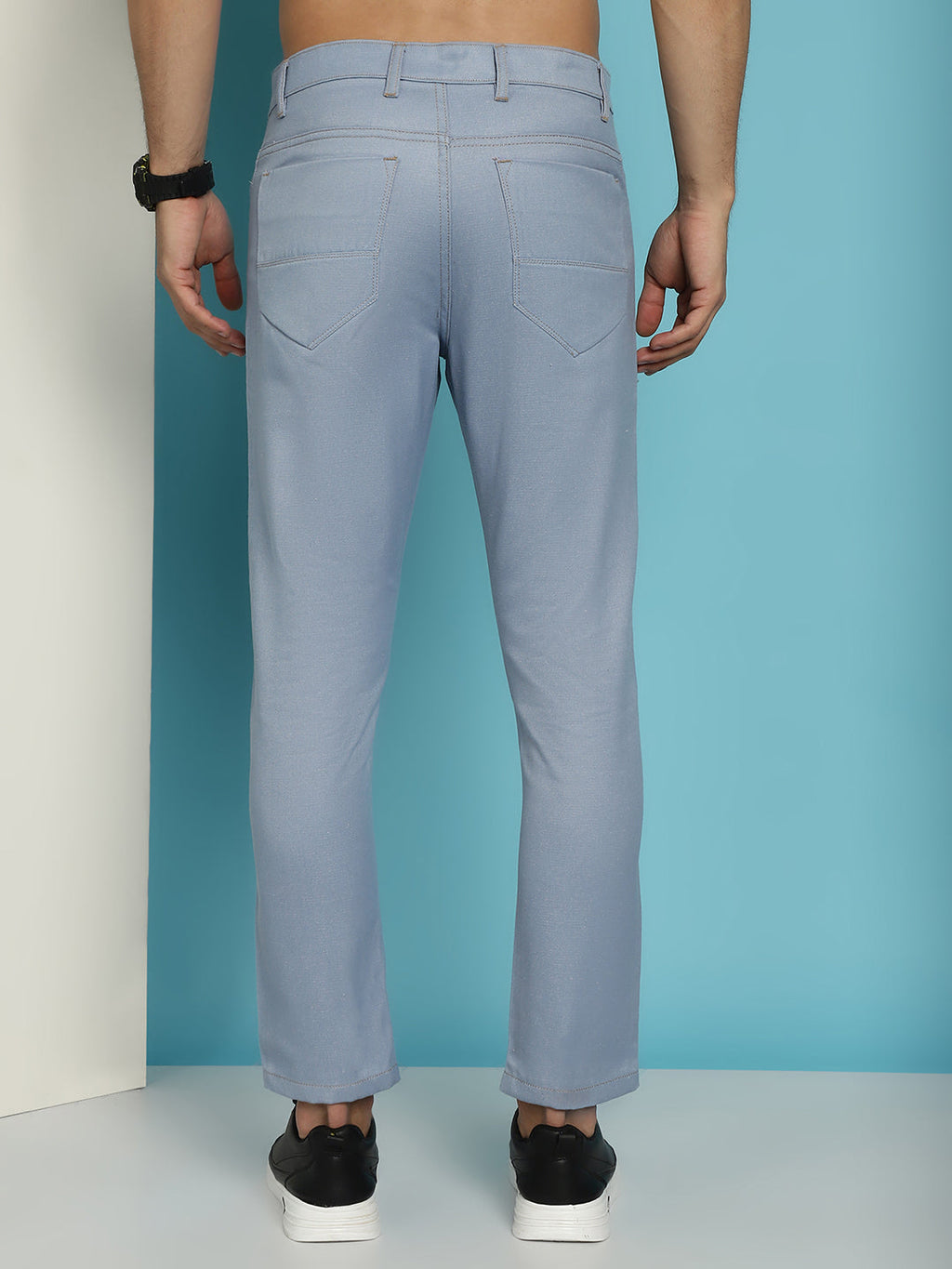 Indian Needle Men's Blue Solid Cotton Casual Trouser - Blue
