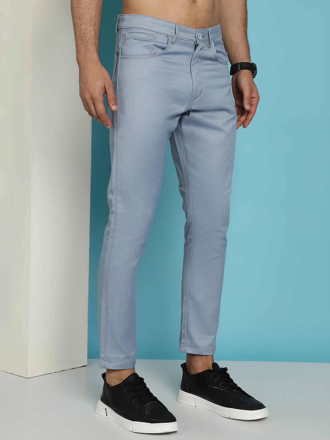 Indian Needle Men's Blue Solid Cotton Casual Trouser - Blue