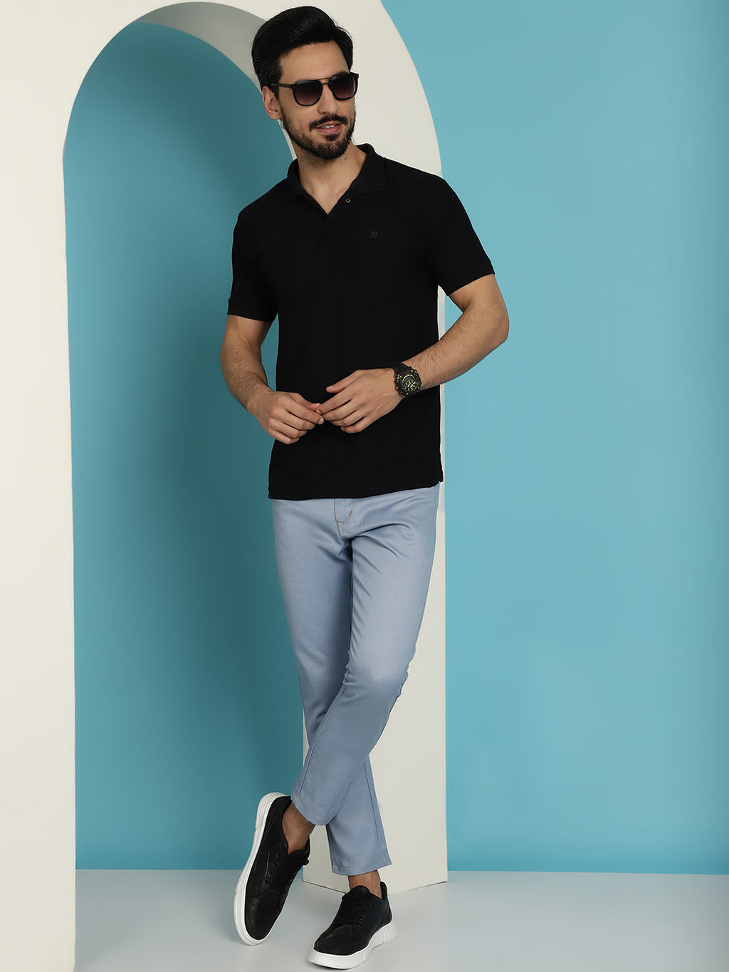 Indian Needle Men's Blue Solid Cotton Casual Trouser - Blue