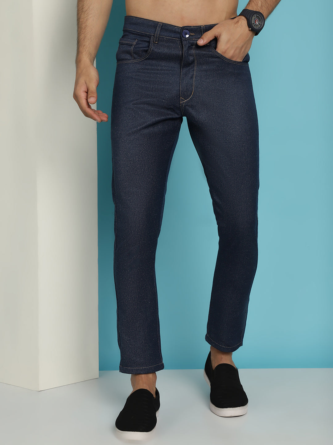 Indian Needle Men's Navy Blue Solid Cotton Casual Trouser
