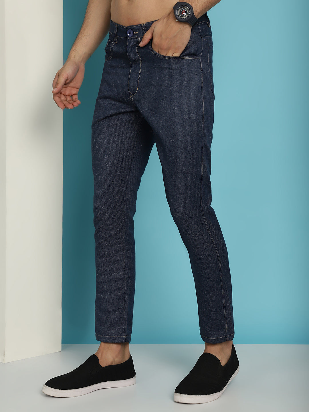 Indian Needle Men's Navy Blue Solid Cotton Casual Trouser