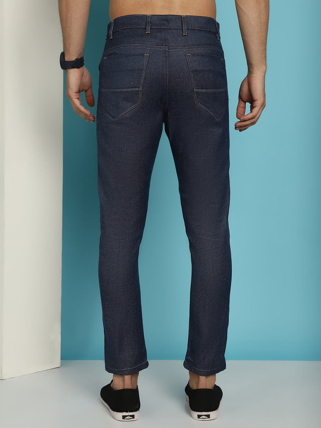 Indian Needle Men's Navy Blue Solid Cotton Casual Trouser