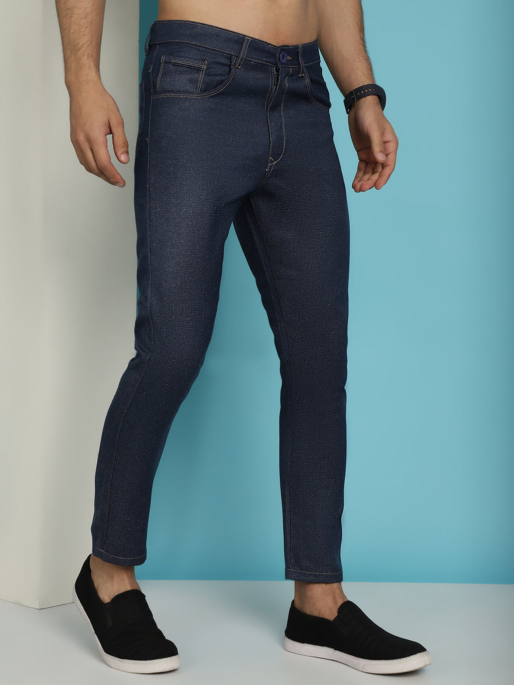 Indian Needle Men's Navy Blue Solid Cotton Casual Trouser