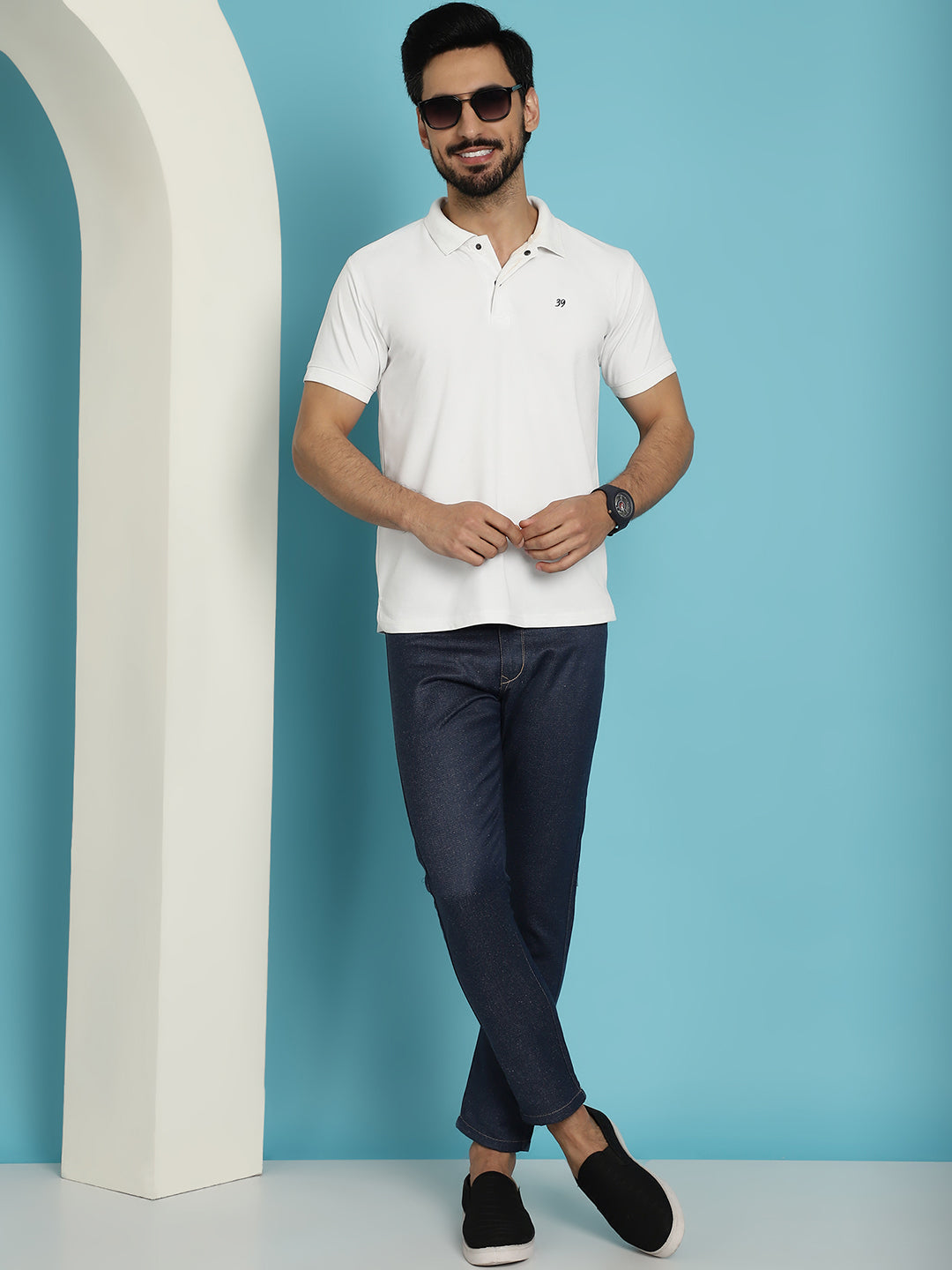 Indian Needle Men's Navy Blue Solid Cotton Casual Trouser