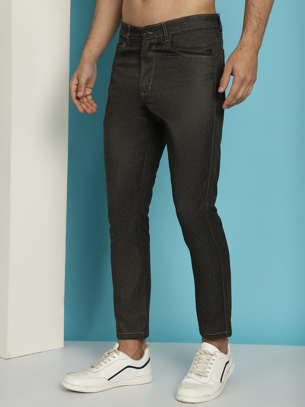 Indian Needle Men's Olive Green Solid Cotton Casual Trouser