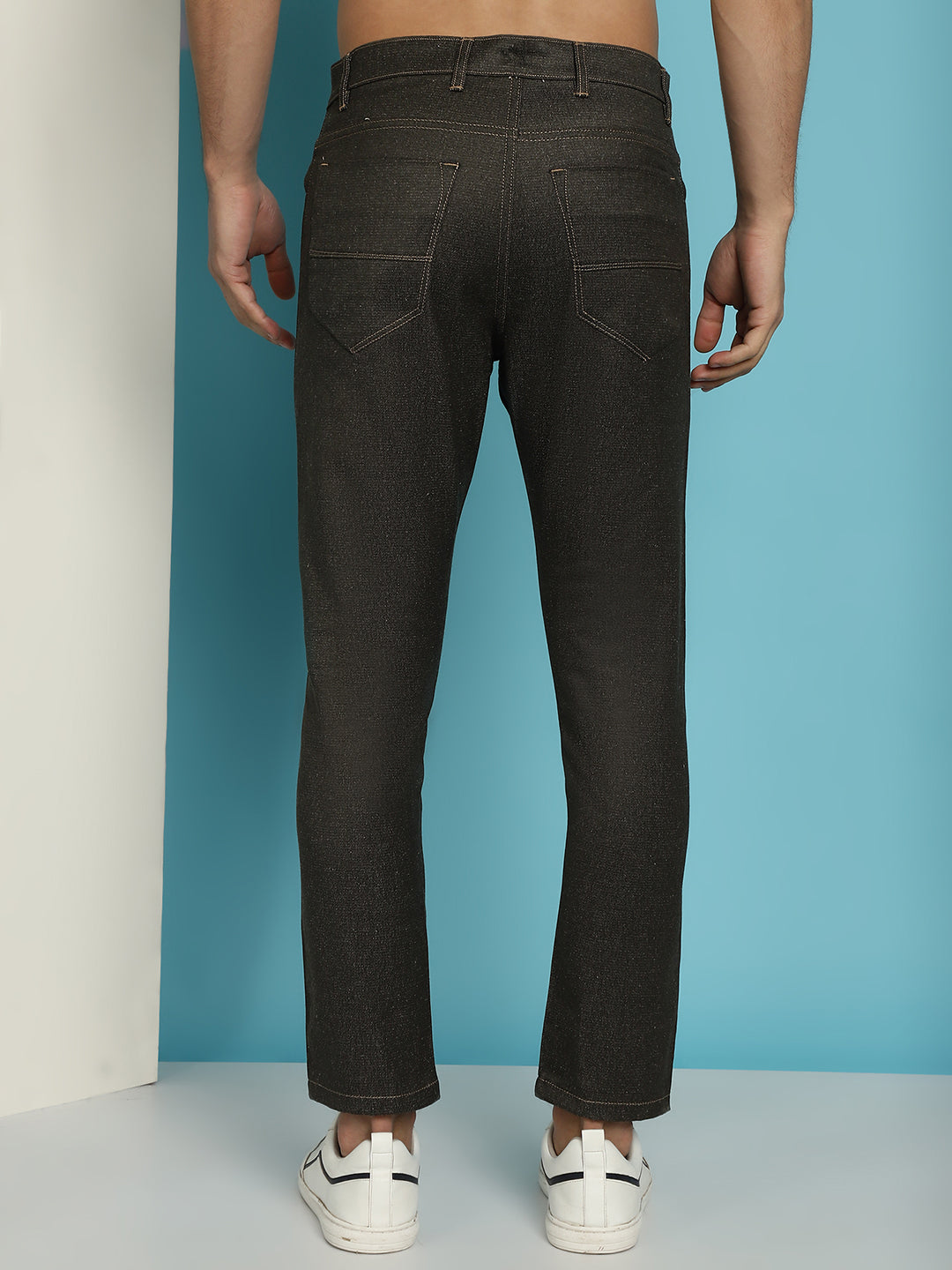 Indian Needle Men's Olive Green Solid Cotton Casual Trouser