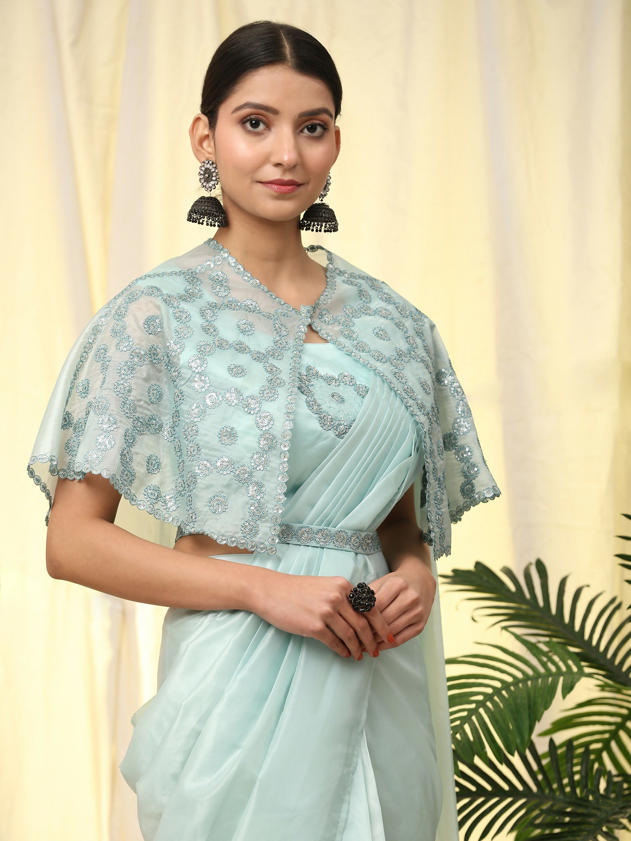Blue Satin Solid Ready to wear Saree with stitched Blouse - Vanita