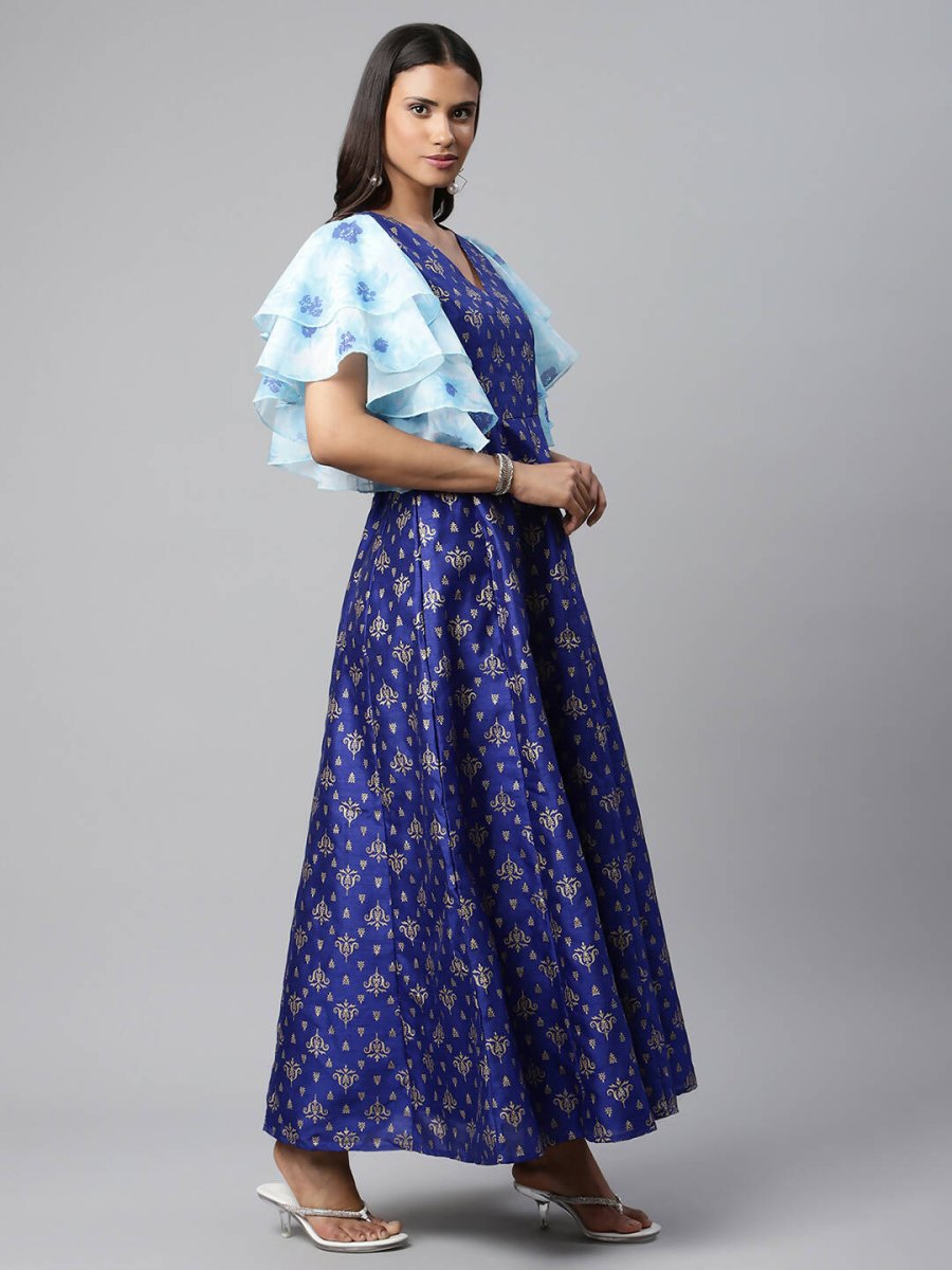 Ahalyaa Women Royal Blue Poly Silk Gold Paste Printed Dress