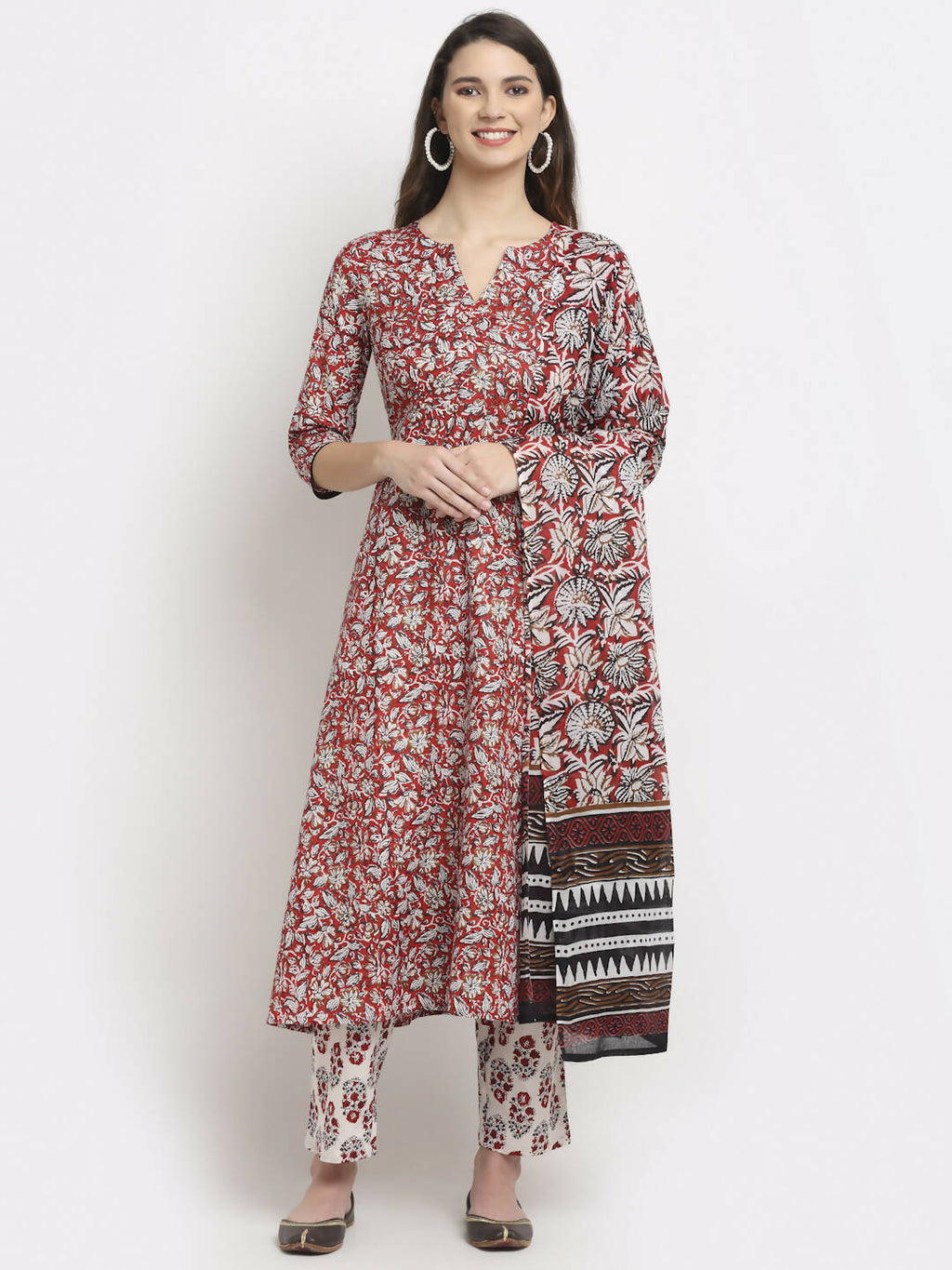 Rudra Bazaar Leaf Printed Anarkali Red Suit Set With Dupatta