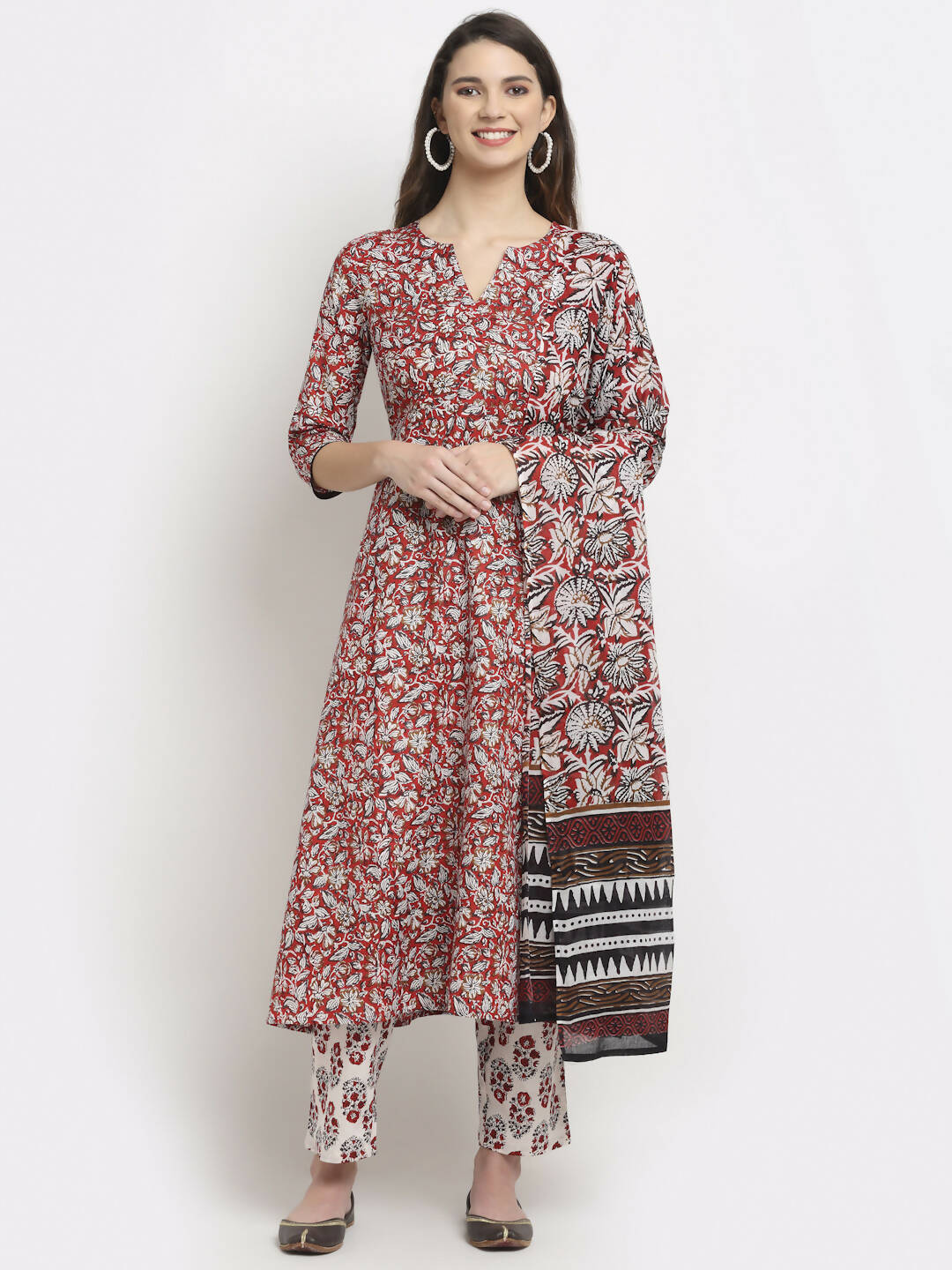 Rudra Bazaar Leaf Printed Anarkali Red Suit Set With Dupatta
