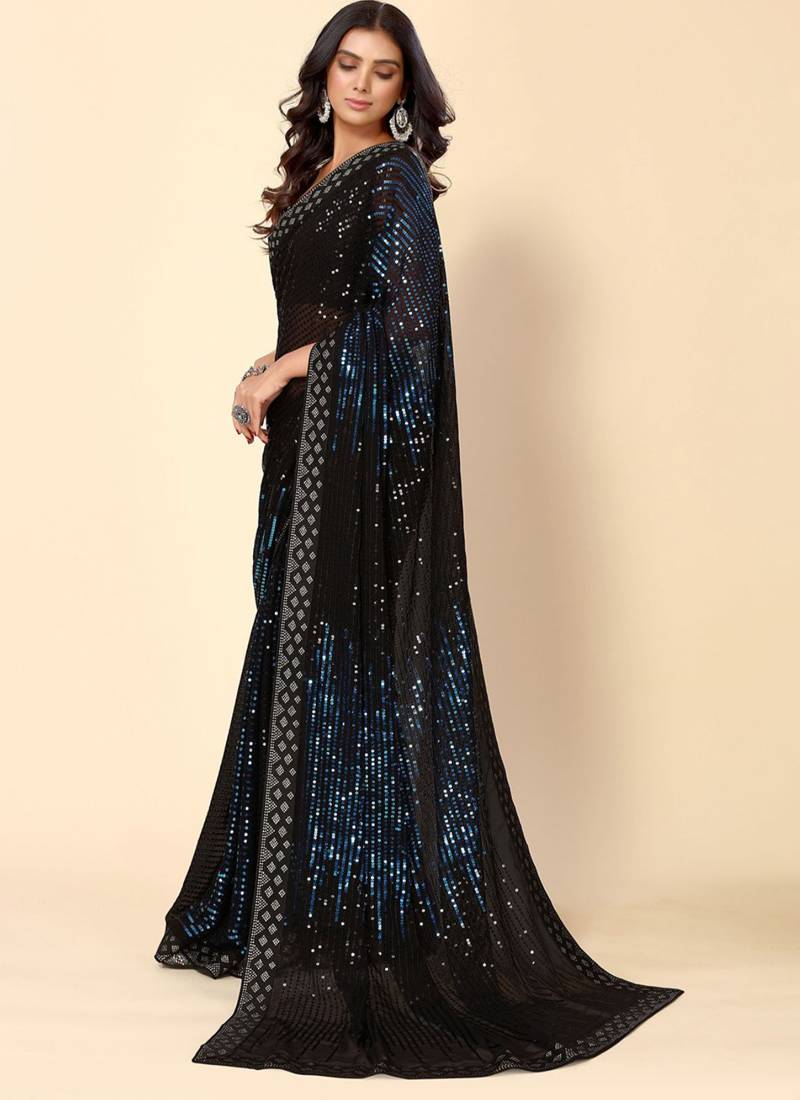 Vegaa Fashion Royal Blue Heavy Georgette Sequence Embroidery Saree