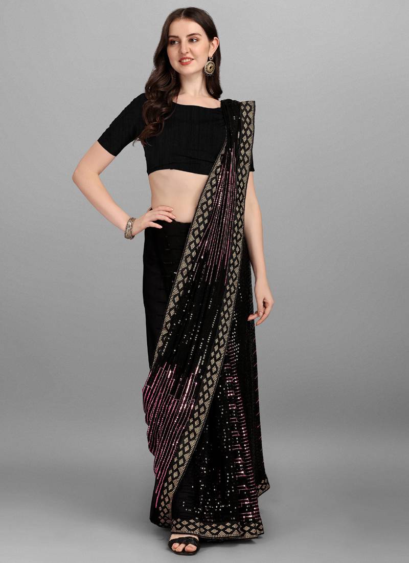 Vegaa Fashion Purple Heavy Georgette Sequence Embroidery Saree