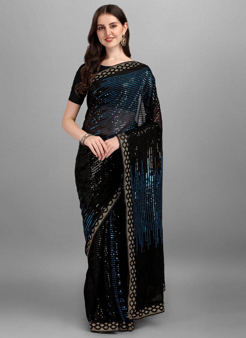 Vegaa Fashion Blue Heavy Georgette Sequence Embroidery Saree