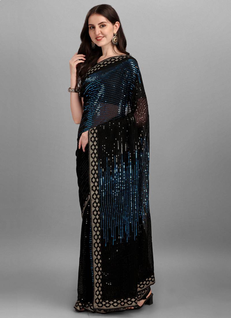 Vegaa Fashion Blue Heavy Georgette Sequence Embroidery Saree