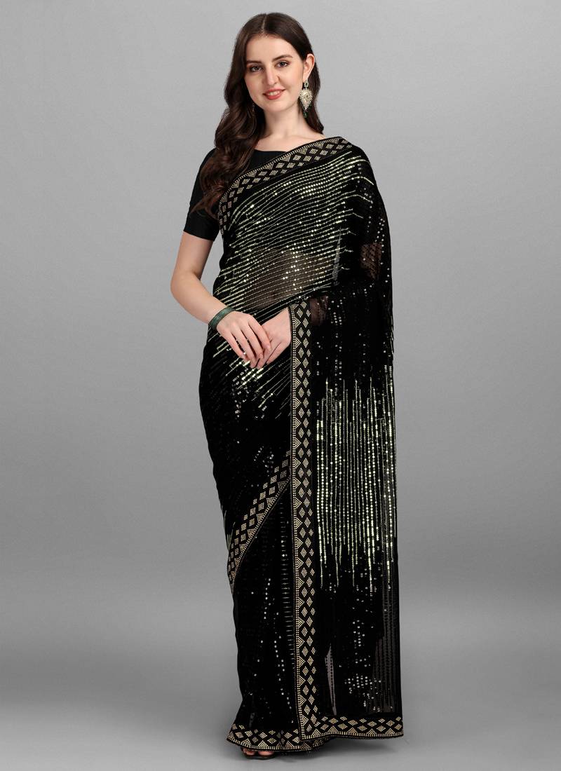 Vegaa Fashion Green Heavy Georgette Sequence Embroidery Saree