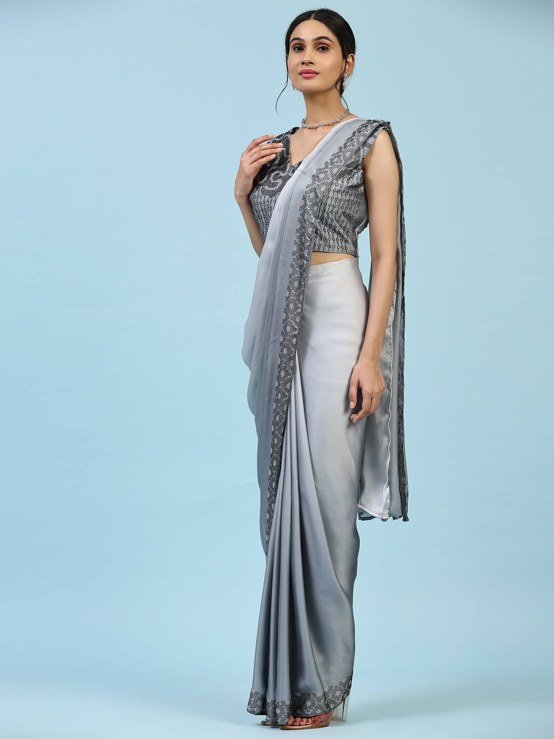 Grey Ombre Satin Georgette Plain Ready to wear Saree with stitched Blouse - Vrinda