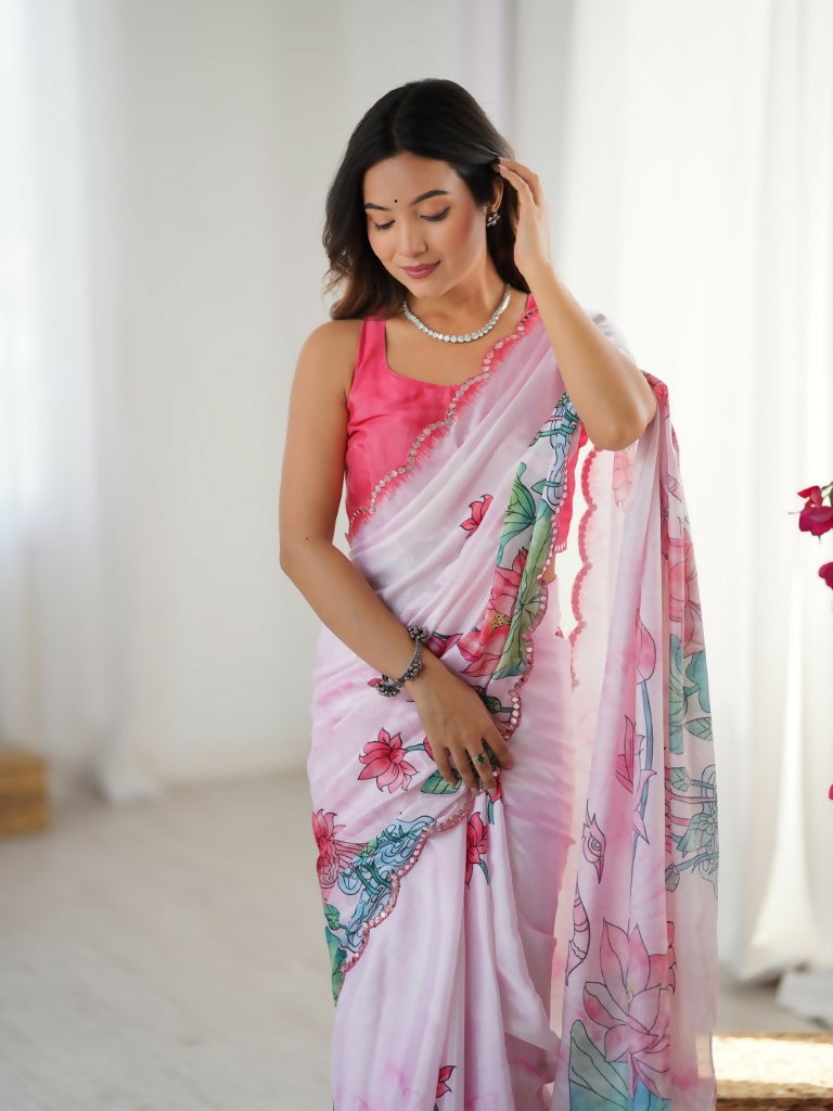 Off White Chinon Designer Digital Printed,Mirror Cut Work Saree - Manvika