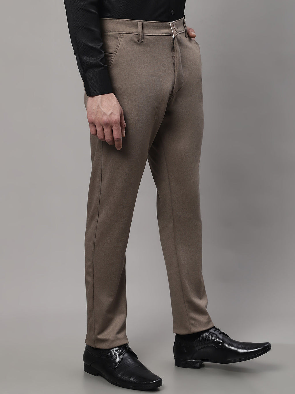 Jainish Men's Dark-Beige Tapered Fit Formal Trousers