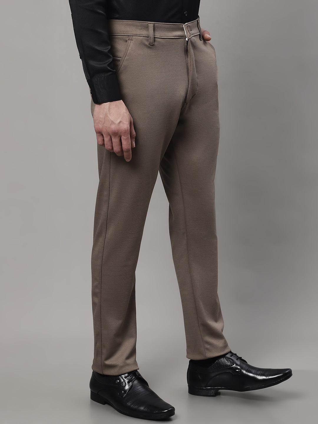Jainish Men's Dark-Beige Tapered Fit Formal Trousers