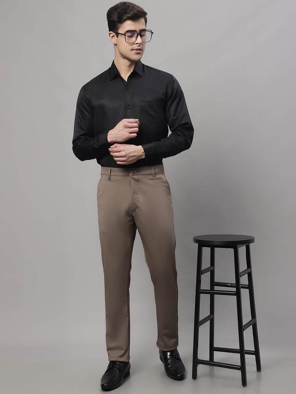 Jainish Men's Dark-Beige Tapered Fit Formal Trousers