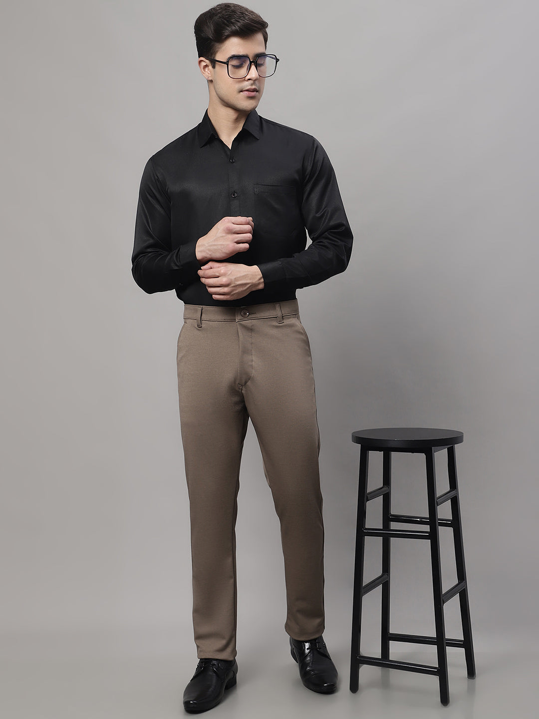 Jainish Men's Dark-Beige Tapered Fit Formal Trousers