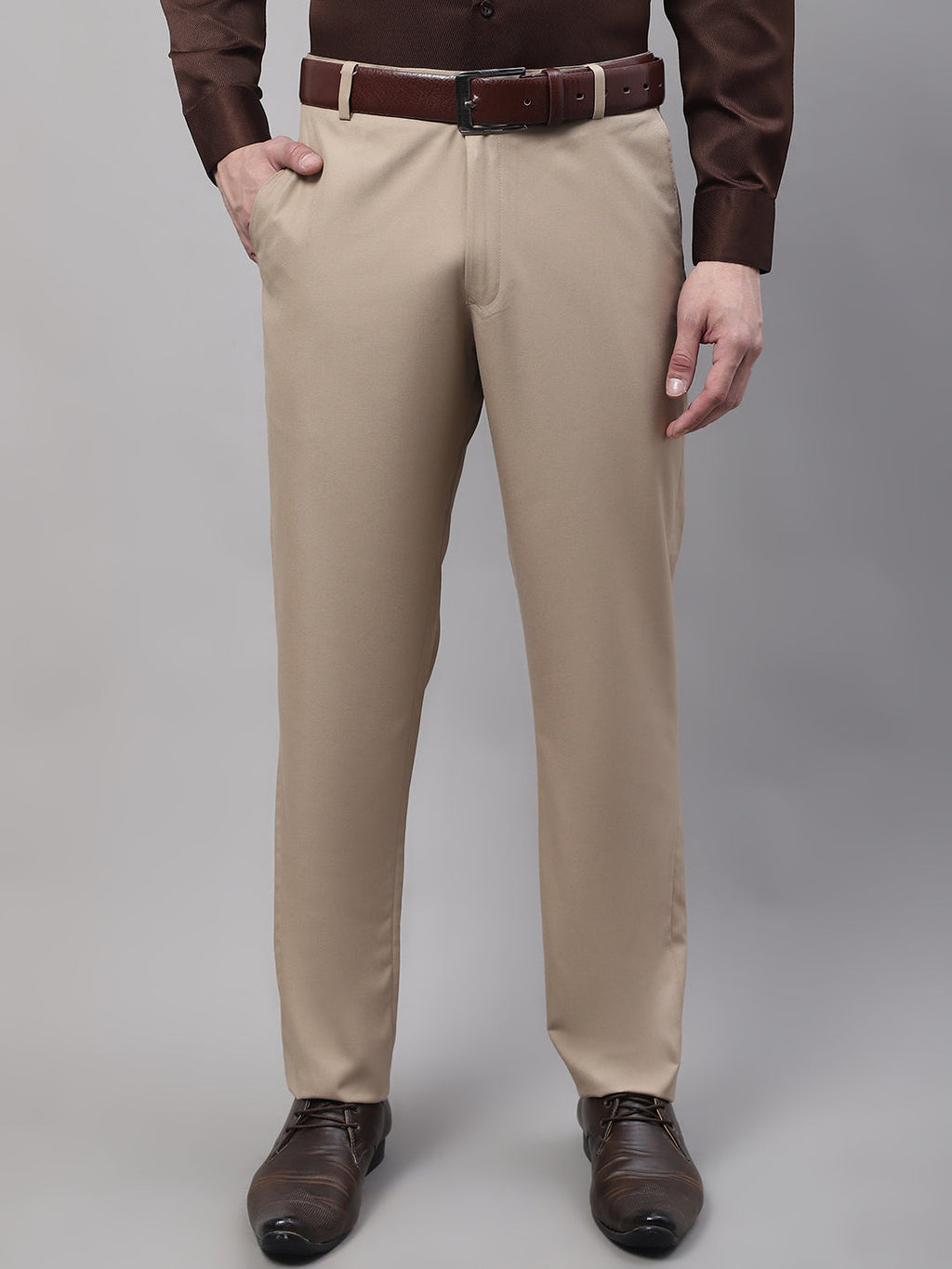 Jainish Men's Beige Tapered Fit Formal Trousers