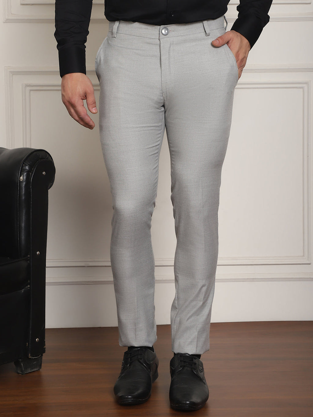 Indian Needle Men's Tapered Fit Solid Trousers - Light-Grey