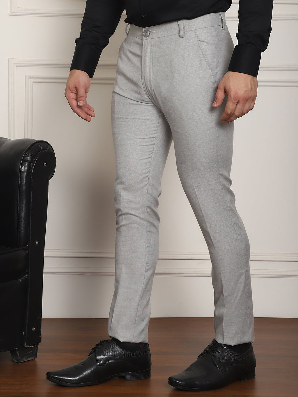 Indian Needle Men's Tapered Fit Solid Trousers - Light-Grey