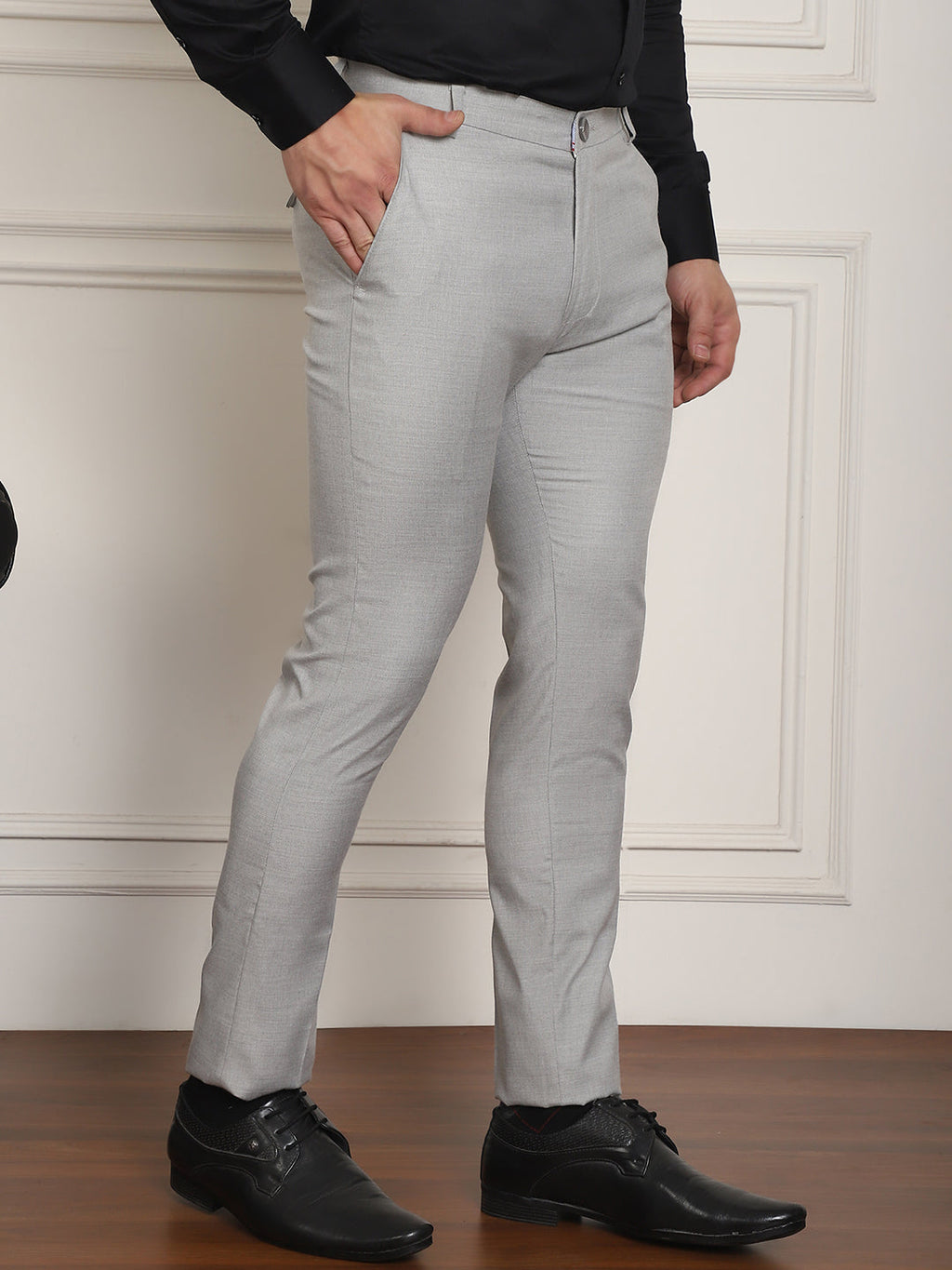 Indian Needle Men's Tapered Fit Solid Trousers - Light-Grey