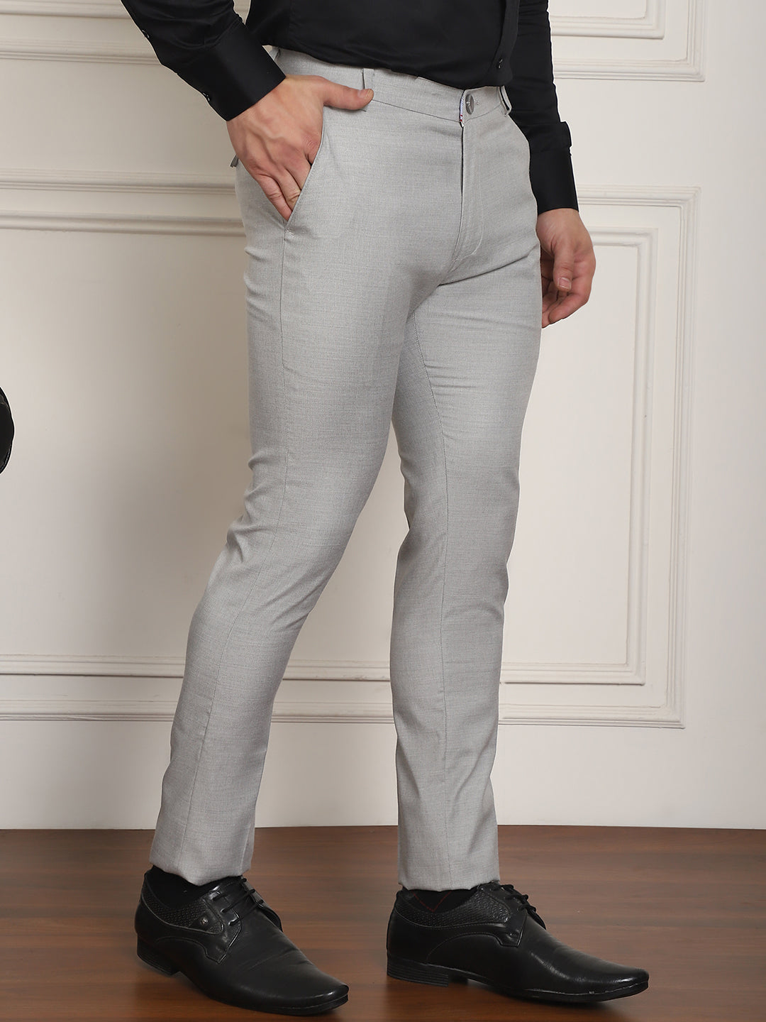 Indian Needle Men's Tapered Fit Solid Trousers - Light-Grey