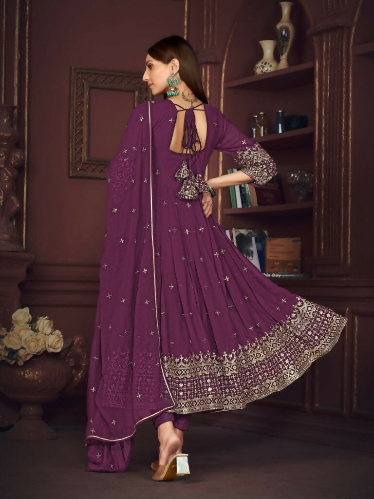 Jyoti Fashion Women's Purple Georgette Embroidered Anarkali Kurta Pant Set With Dupatta