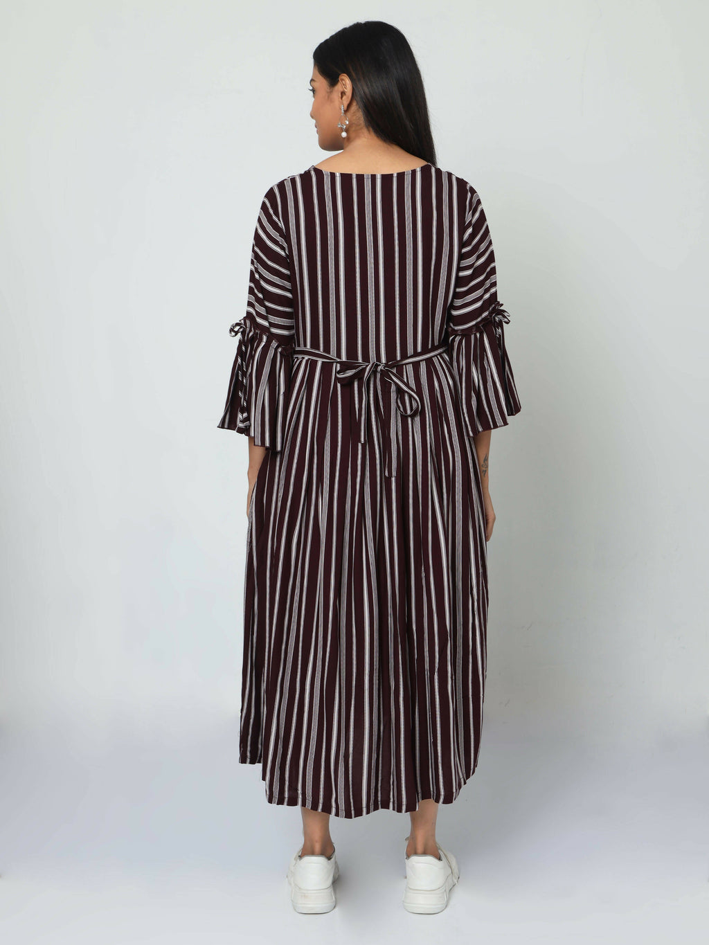 Manet Three Fourth Maternity Dress Striped With Concealed Zipper Nursing Access - Brown