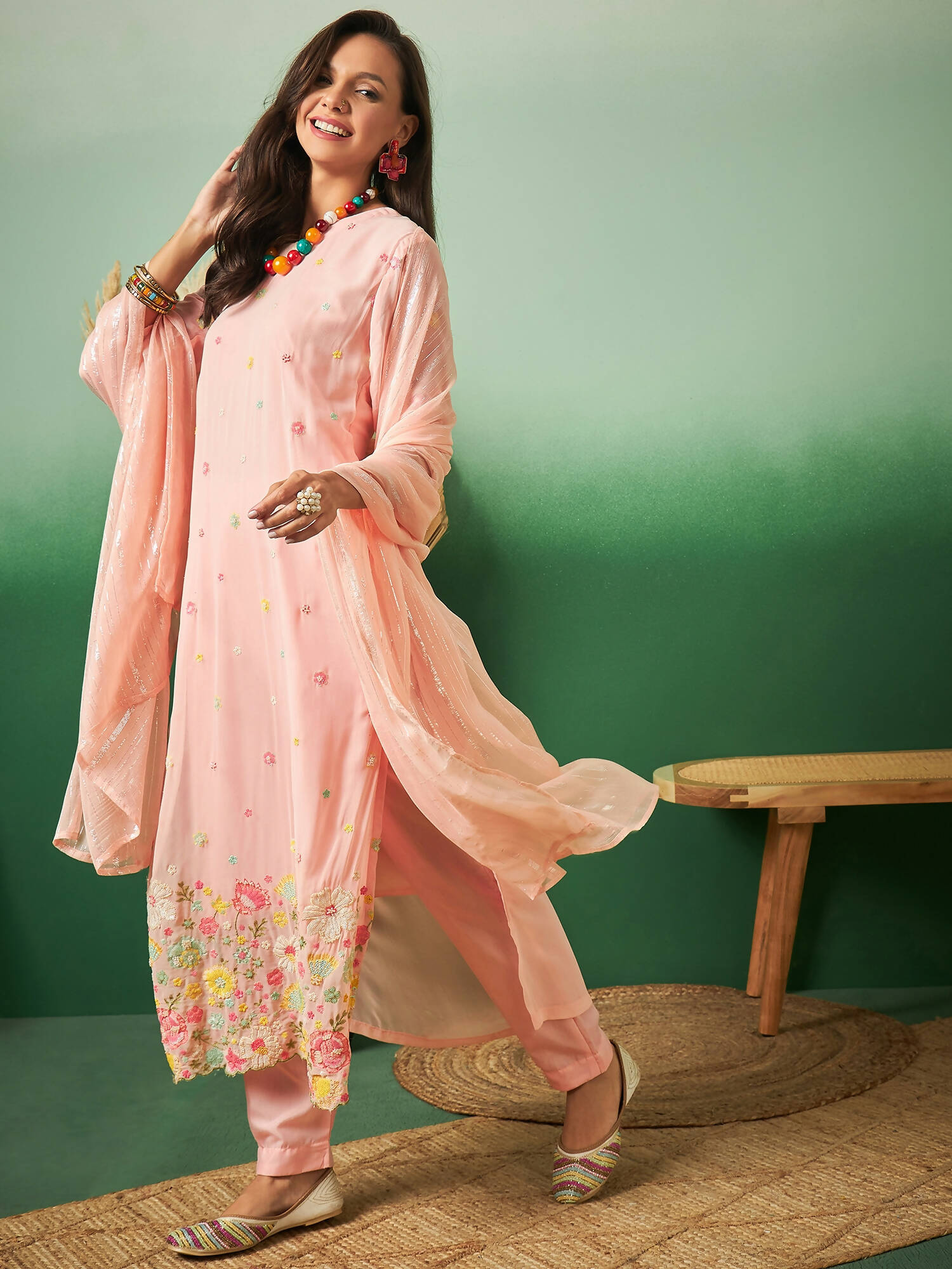 Peach Georgette Handwork Unstitched Dress Material - Hanika