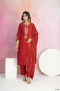 Ethnic Festive Wear Viscose Chanderi Red Stitched Suit With Dupatta - Tanisha