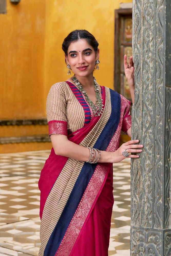 PR Fashion Pink Poly Cotton Printed With Zari Weaving Work Saree