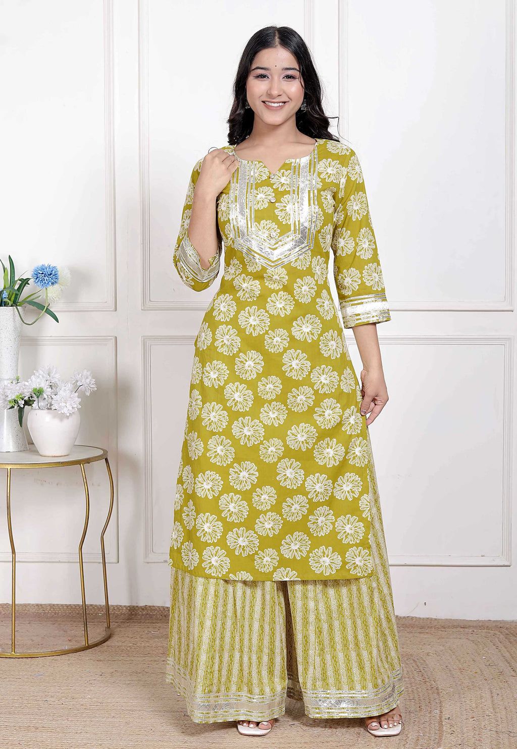 Miravan Women's Lime Yellow Block Printed Kurta with Palazzo