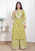 Miravan Women's Lime Yellow Block Printed Kurta with Palazzo