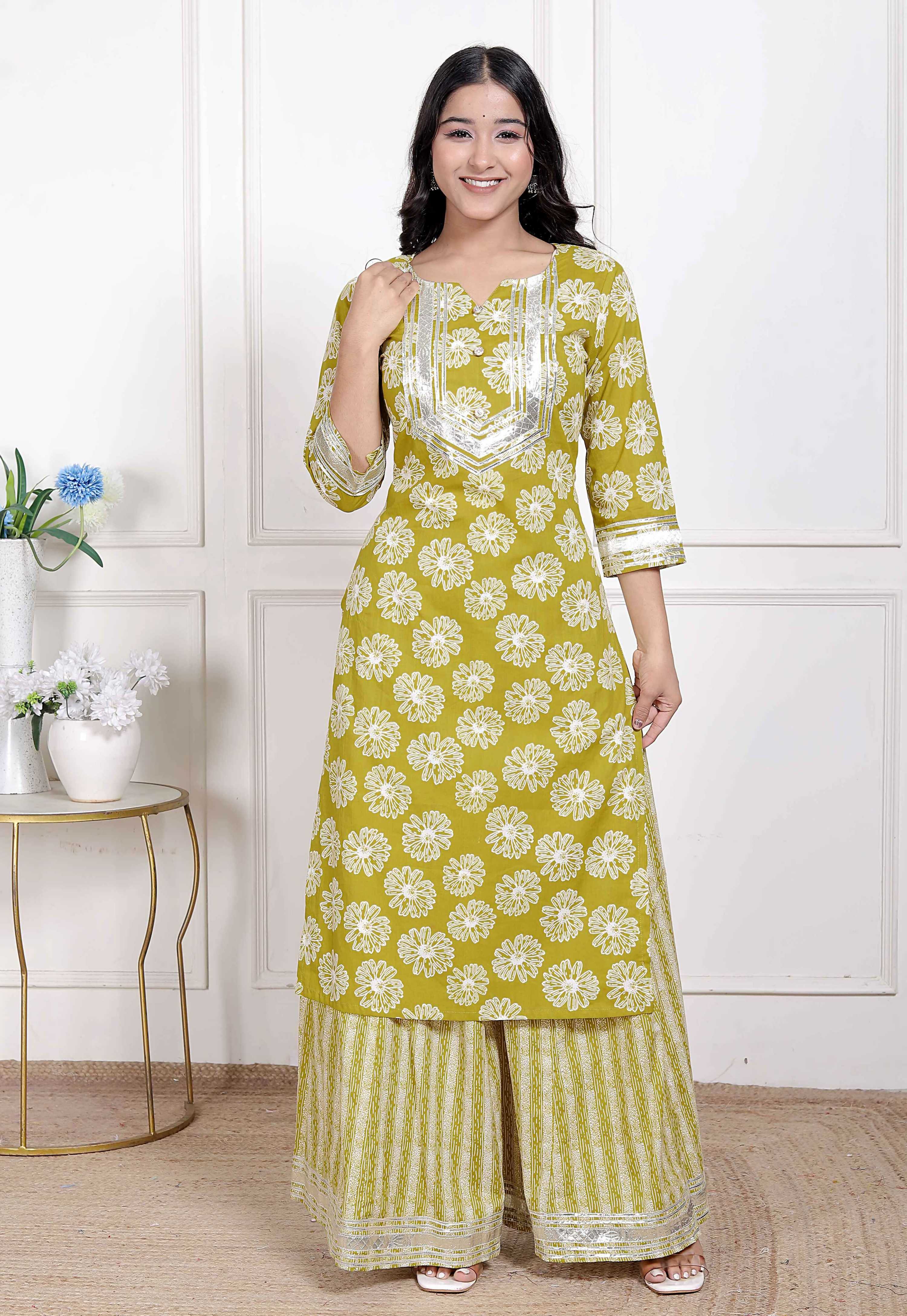 Miravan Women's Lime Yellow Block Printed Kurta with Palazzo