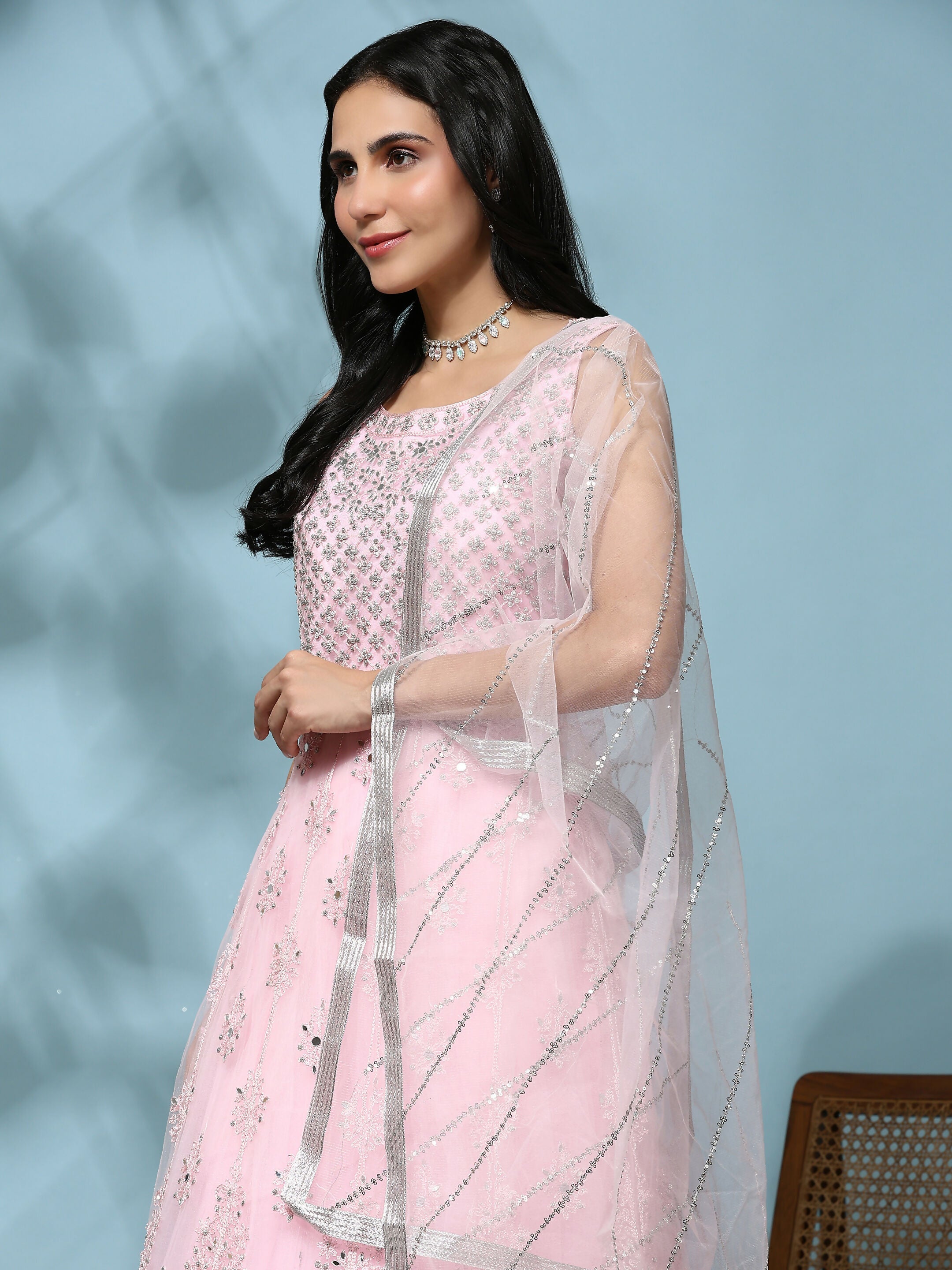 Pink Net Hand Embroidered Gown - Rudrani