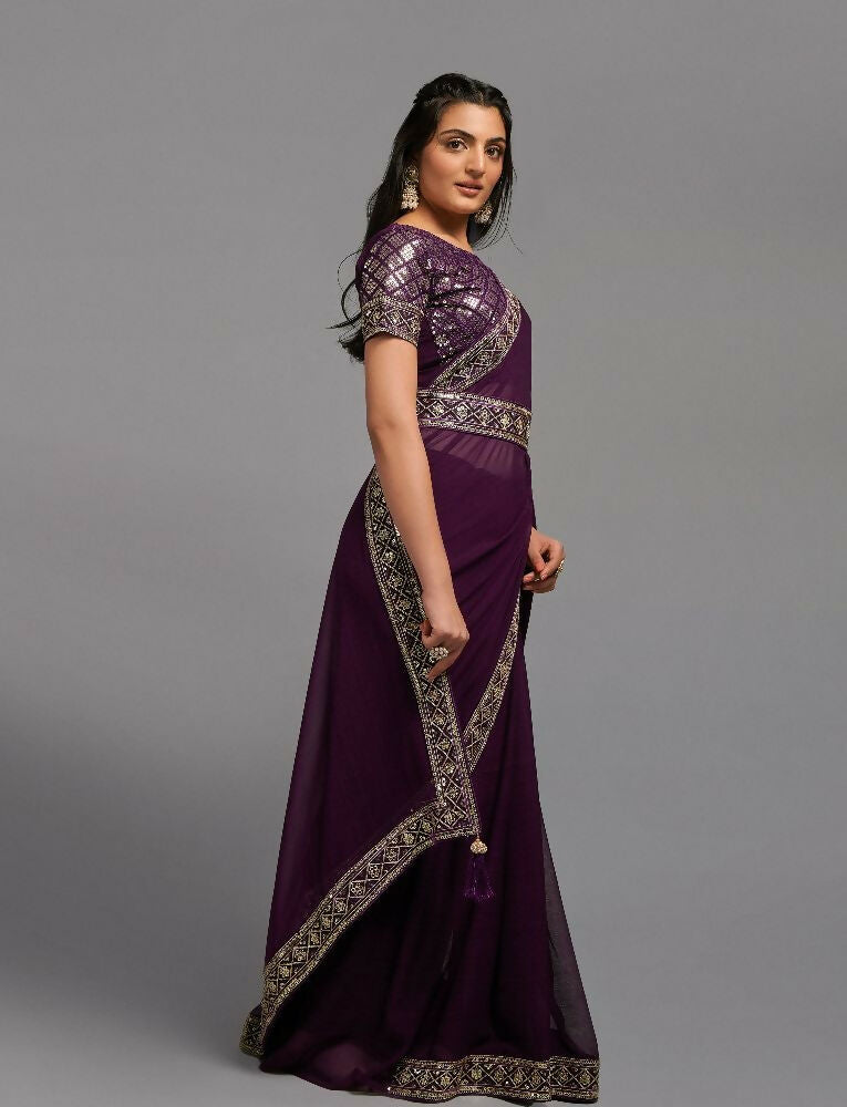 PR Fashion Wine Zometo Embroidery Lace Saree