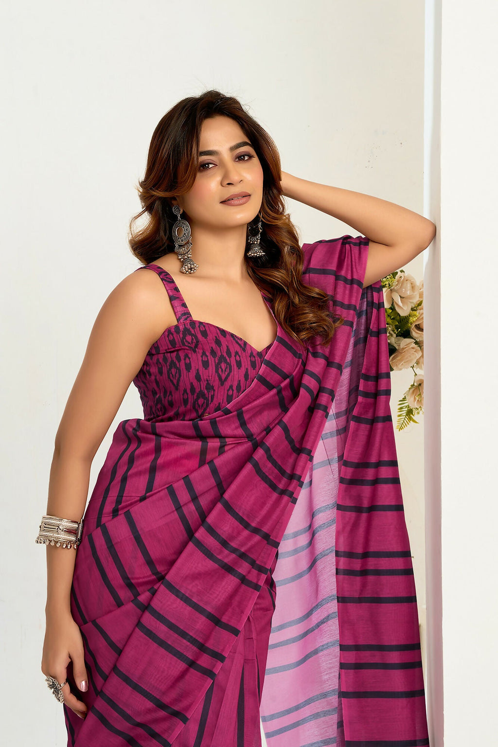Vastranavya Magenta Digital Printed Linen Ready To Wear Designer Saree with Unstitched Blouse
