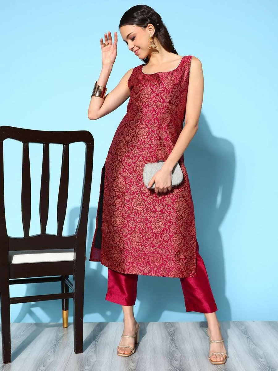 Ahalyaa Women's Wine Poly Silk Gold Paste Printed Kurta Pant Set
