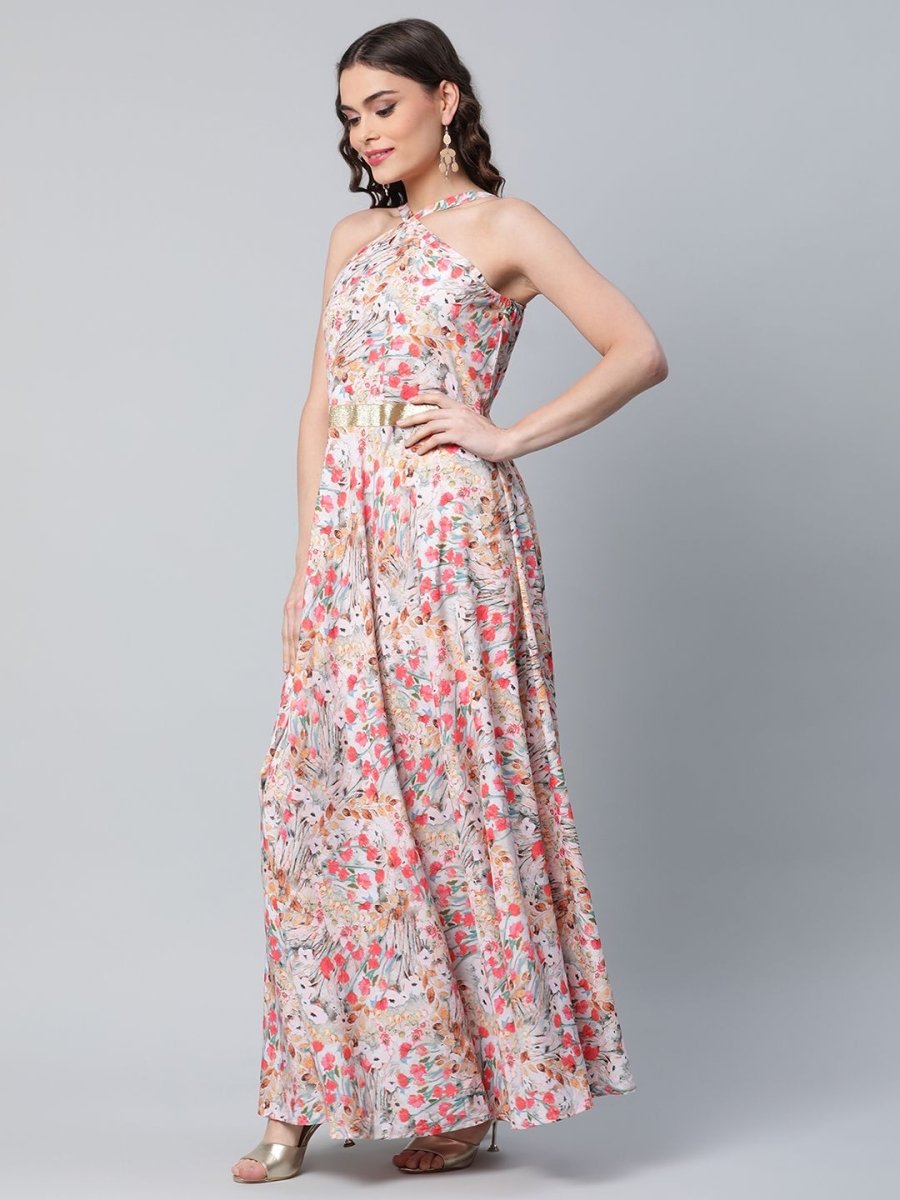 Ahalyaa Women Crepe Printed Classic White Romantic Florals Dress